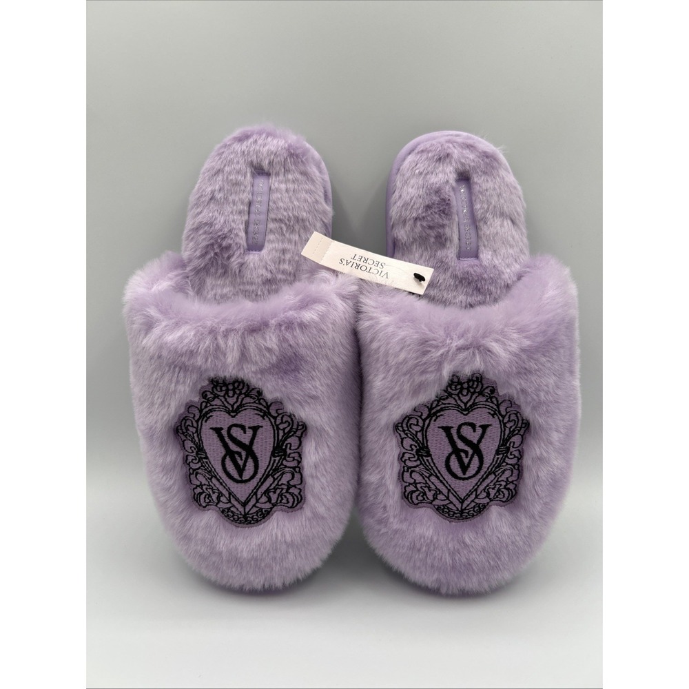 Victoria's Secret Slippers Purple Size Small Faux Fur Plush VS Logo NWT